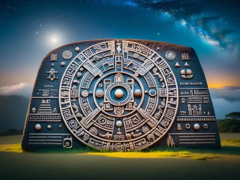 Intrincada ilustración de calendario astronómico maya en piedra, con símbolos celestes y galaxia