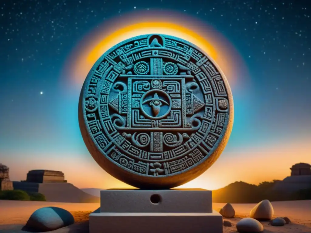 Intrincada piedra calendario maya bajo la luna, mostrando su relación con los astros y la astronomía