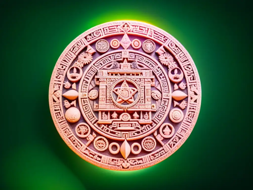 Intrincada escultura de la dualidad tiempo espacio pensamiento maya, rodeada de símbolos celestiales en la selva tropical