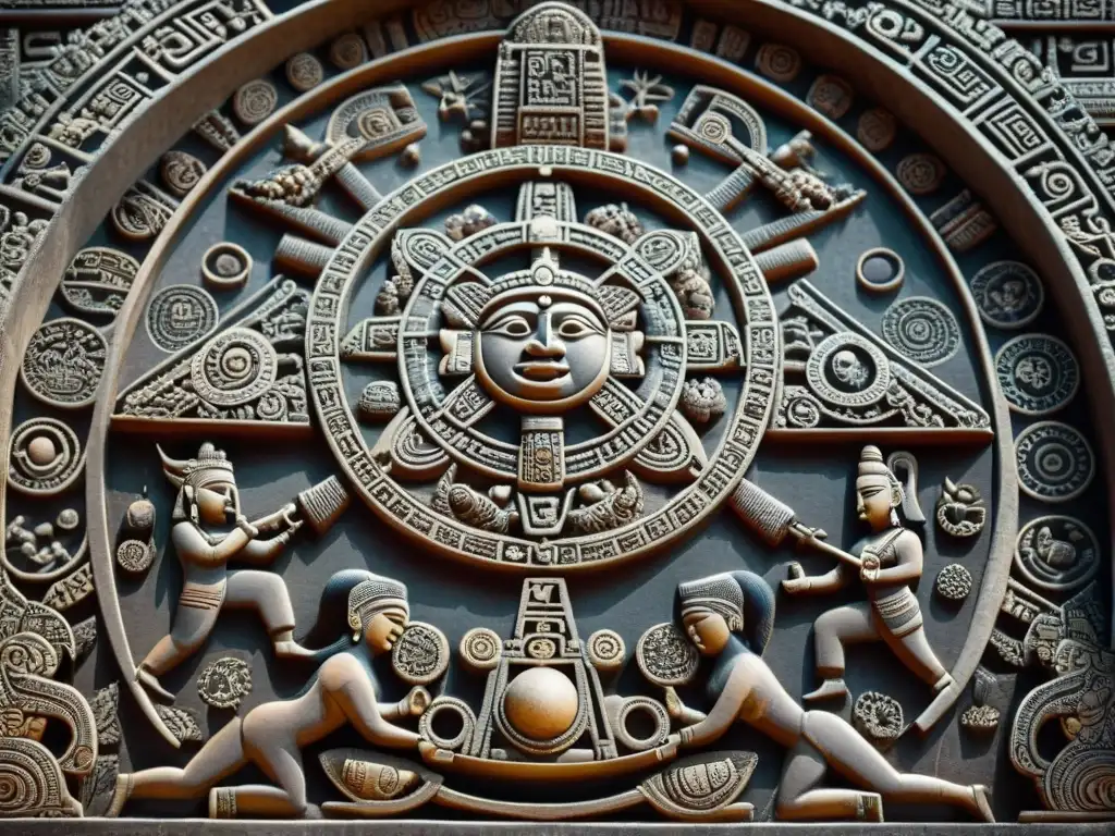 Intrincada escultura maya de un dios interactuando con elementos astronómicos, destacando la conexión entre los dioses mayas y astronomía divina