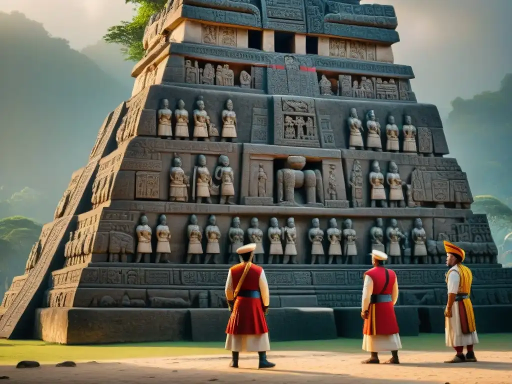 Intrincada escultura de piedra de líderes mayas en negociación diplomática bajo un ceiba sagrado, estrategias mayas diplomacia guerra supervivencia