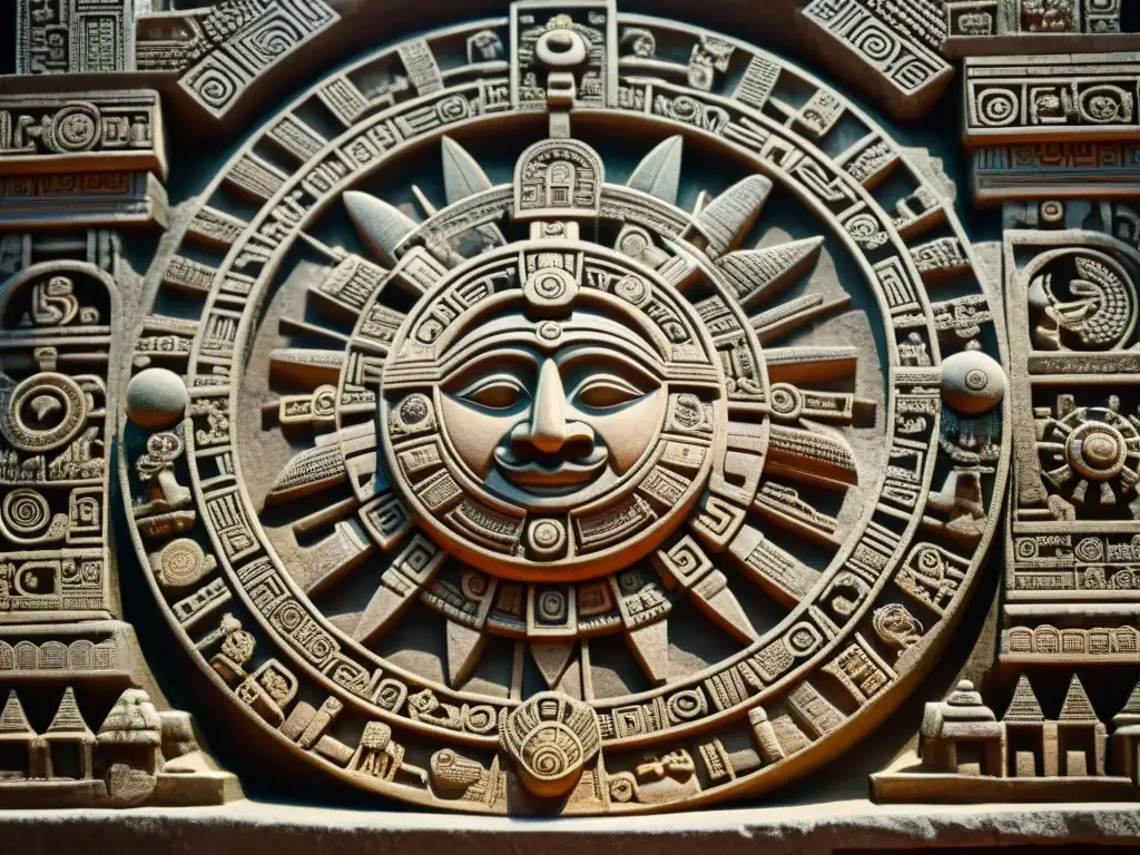 Intrincada escultura de piedra maya, reflejando la dualidad tiempo-espacio en el pensamiento maya