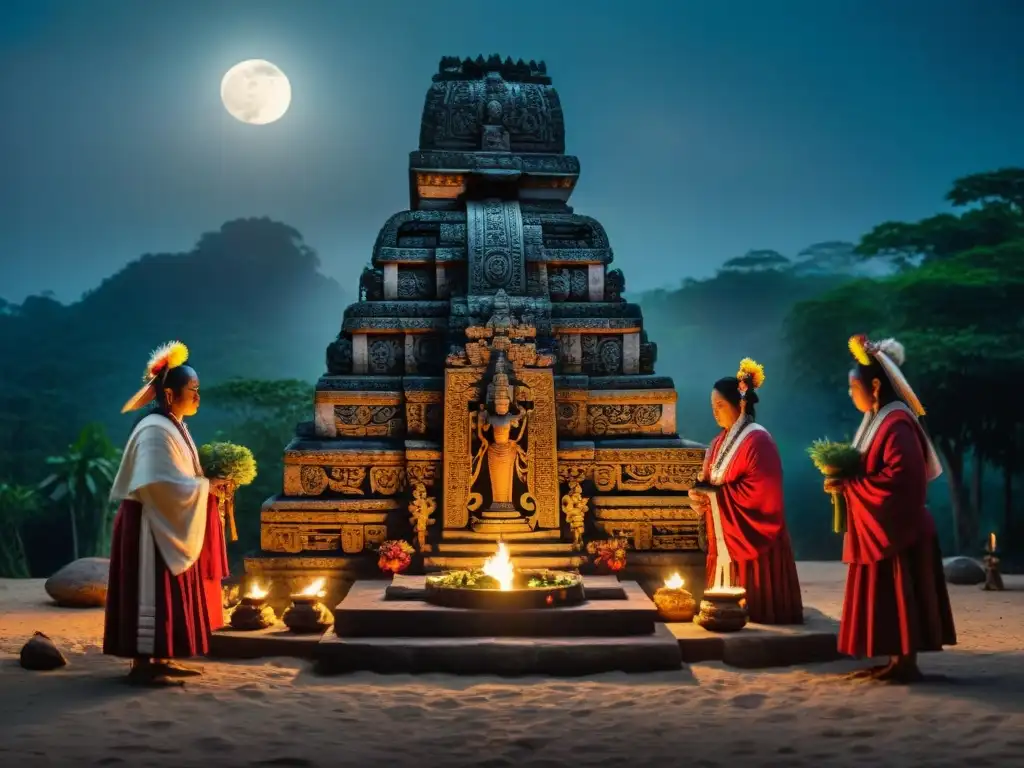 Intrincada escultura de piedra Maya en ritual de fertilidad bajo la luna en la selva, con sacerdotes, mujeres y glifos, capturando la atmósfera mística de los rituales de fertilidad civilización Maya