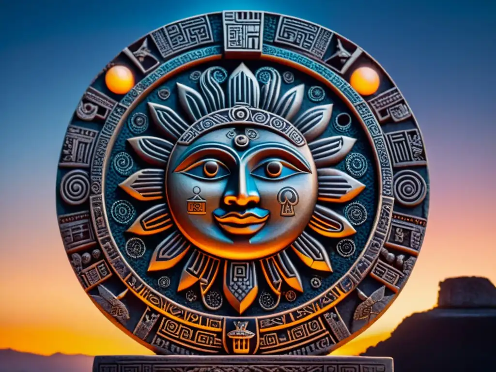 Intrincada estela maya con el sol y la luna entrelazados en símbolos de dualidad, bajo un cielo estrellado al atardecer