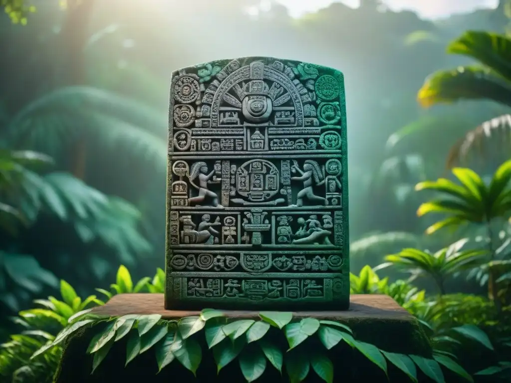Intrincada estela maya tallada con glifos y diseños, reflejando valores éticos expresados por mayas en la exuberante selva