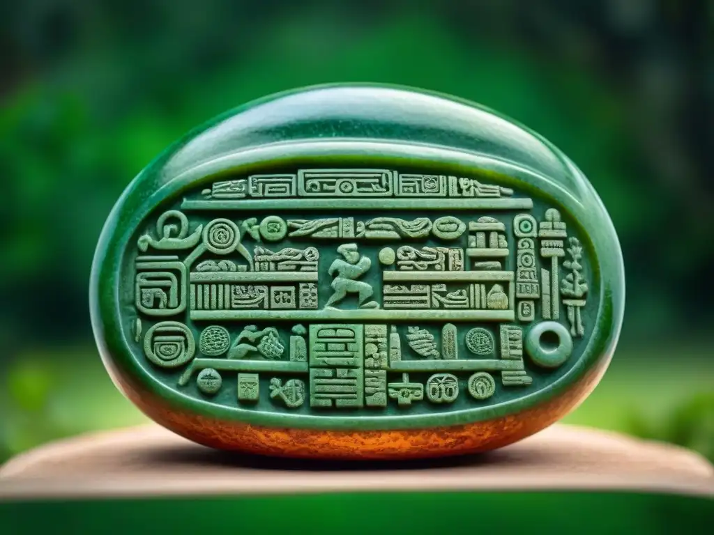 Intrincada inscripción jeroglífica maya en jade, simbolizando el comercio y significado espiritual del jade en la cultura maya