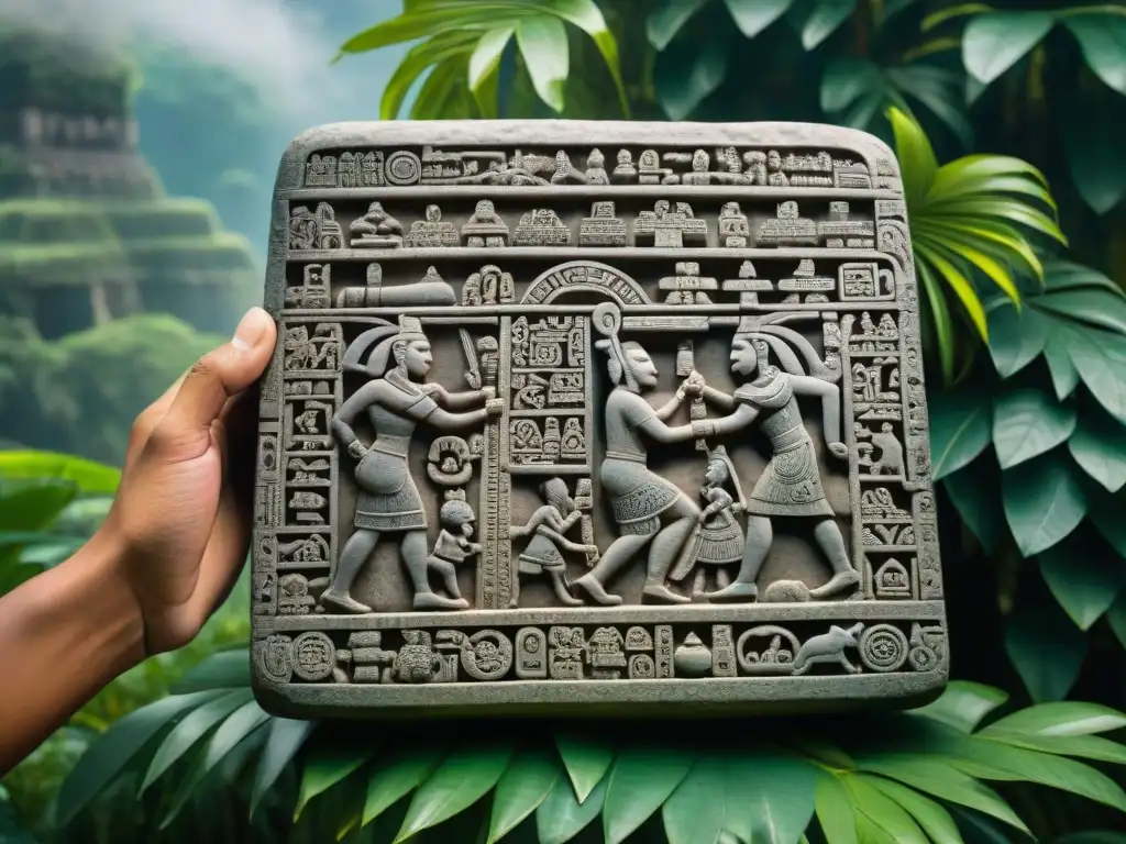 Intrincada inscripción jeroglífica maya en una tableta de piedra bien conservada, ilustrando la vida cotidiana de la civilización maya en la jungla