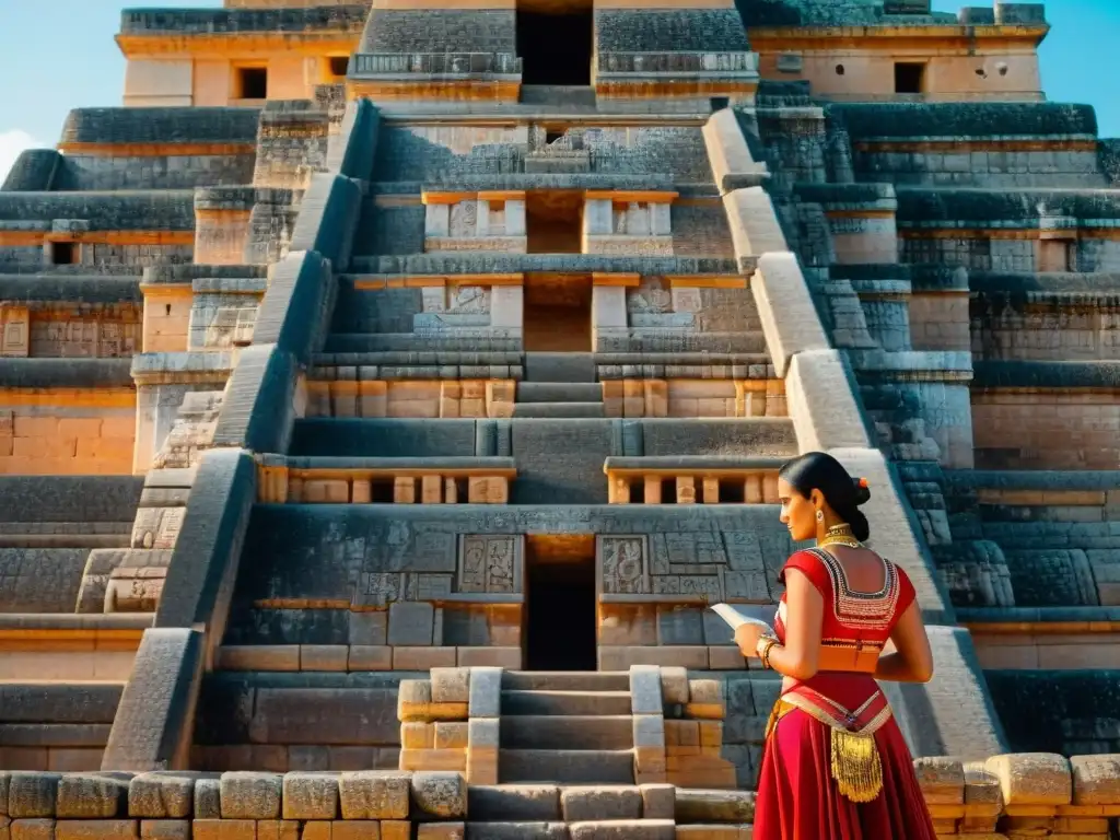 Intrincada leyenda enano Uxmal maya: detallados grabados de la fachada de la Pirámide del Adivino, reflejando la habilidad artística Maya