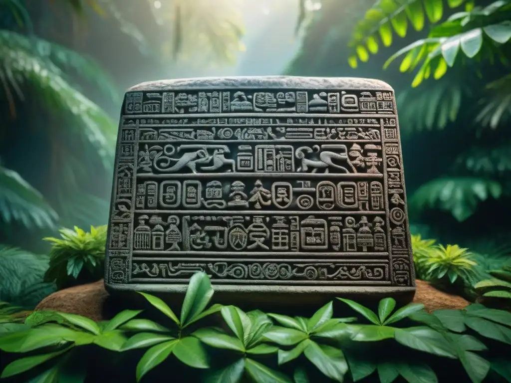 Intrincada inscripción maya en piedra con detalles detallados, envuelta en la selva