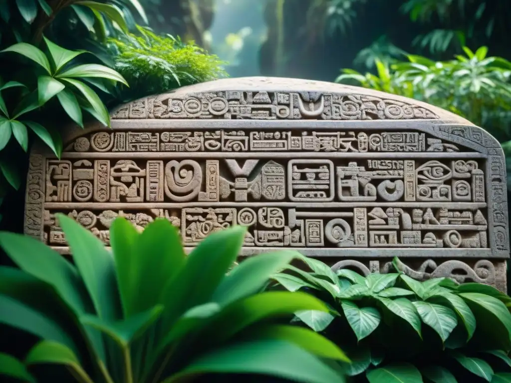 Intrincada inscripción maya en piedra, símbolos avanzados y tecnologías perdidas civilización maya, iluminados por el sol en la selva