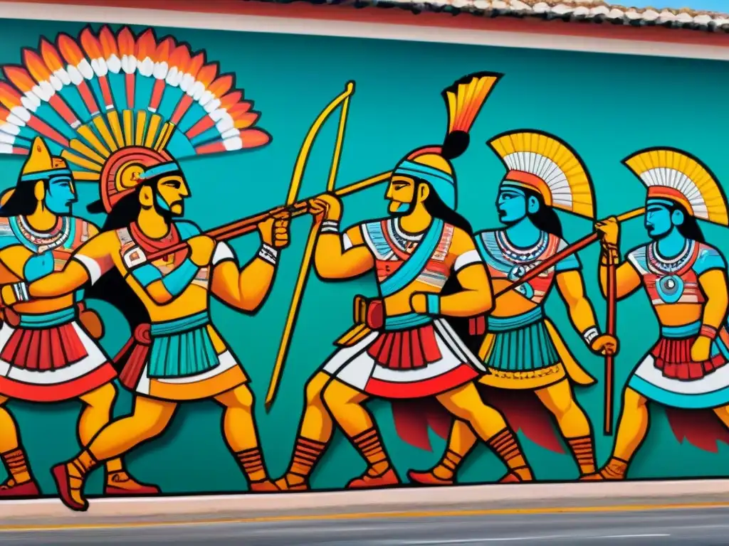 Intrincada pintura mural maya con guerreros en batalla