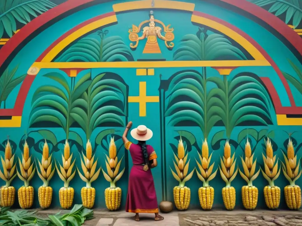 Intrincada pintura mural maya de la mitología del maíz y la civilización, mostrando la conexión sagrada entre dioses y agricultores