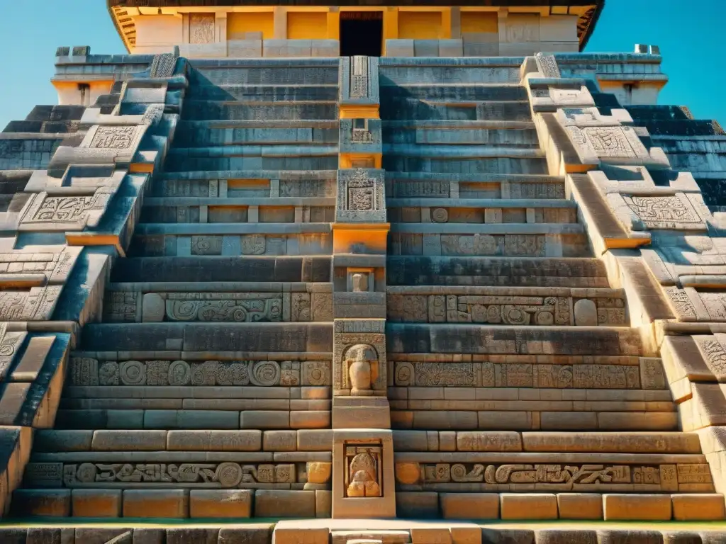 Intrincada geometría sagrada en arquitectura maya: detallada fachada del Templo de Kukulcán en Chichén Itzá