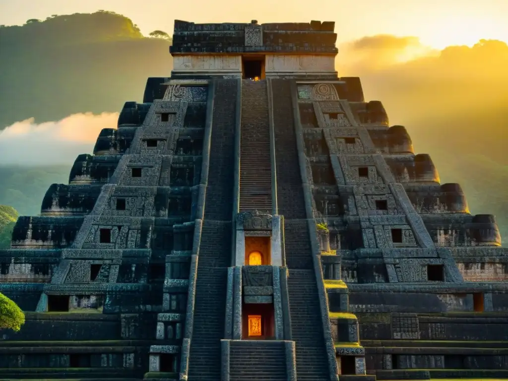 Intrincada geometría sagrada en la arquitectura maya, iluminada por la luz dorada del atardecer