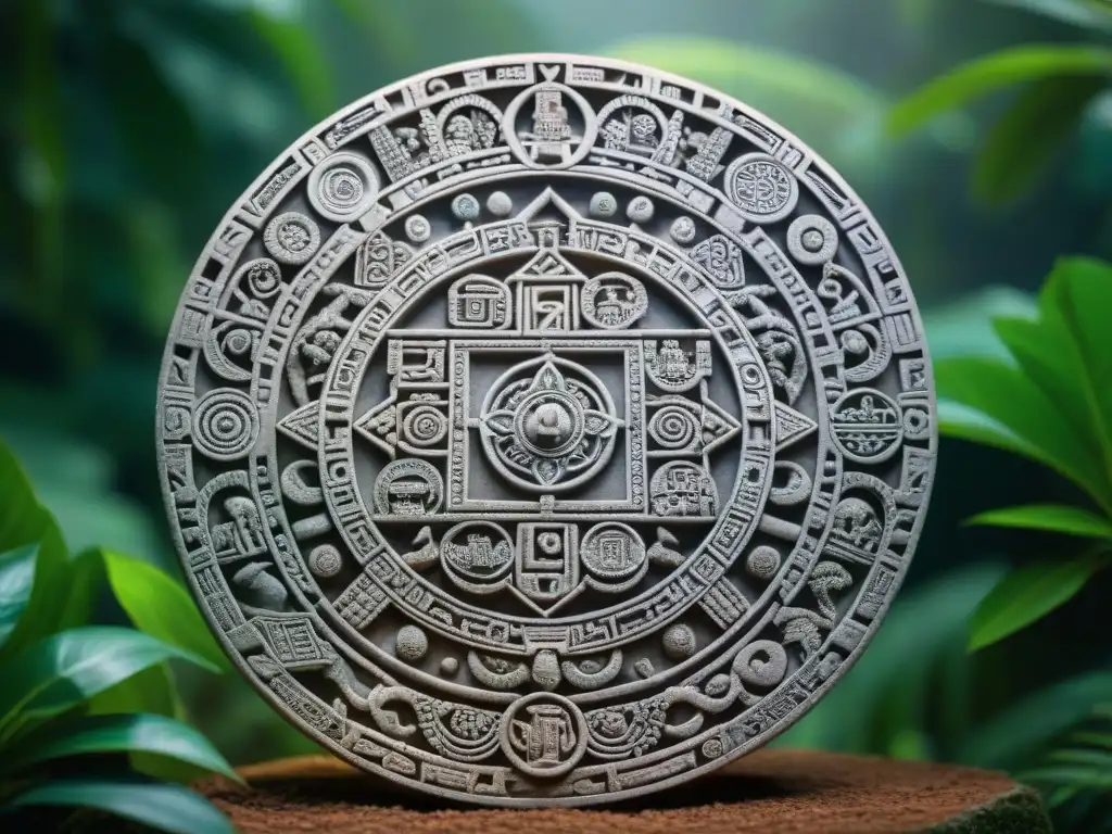 Intrincada geometría sagrada de la civilización maya tallada en piedra, enmarcada por exuberante jungla