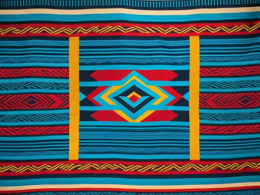 Intrincada geometría sagrada en textiles mayas con diseños vibrantes en rojo, azul y amarillo