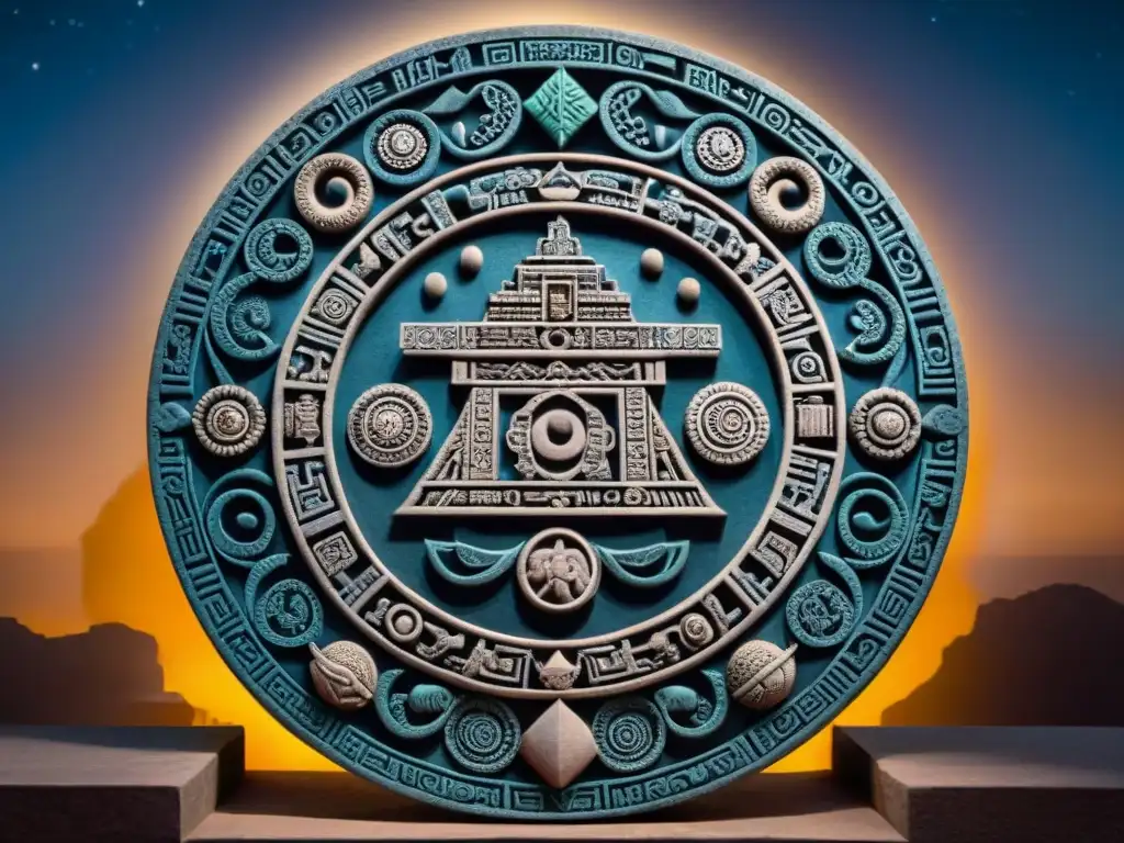 Intrincada talla en piedra del calendario maya, iluminada por luz cálida en la noche estrellada