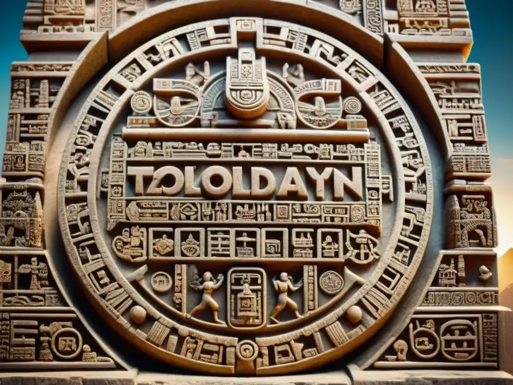 Intrincada talla de piedra maya con calendarios Tzolk'in y Haab', mostrando la astrología en la Matemática Maya