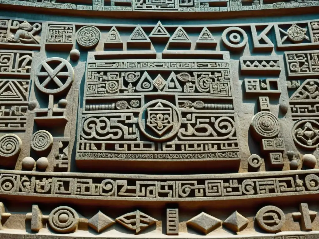 Intrincada talla de piedra maya mostrando símbolos matemáticos y formas geométricas