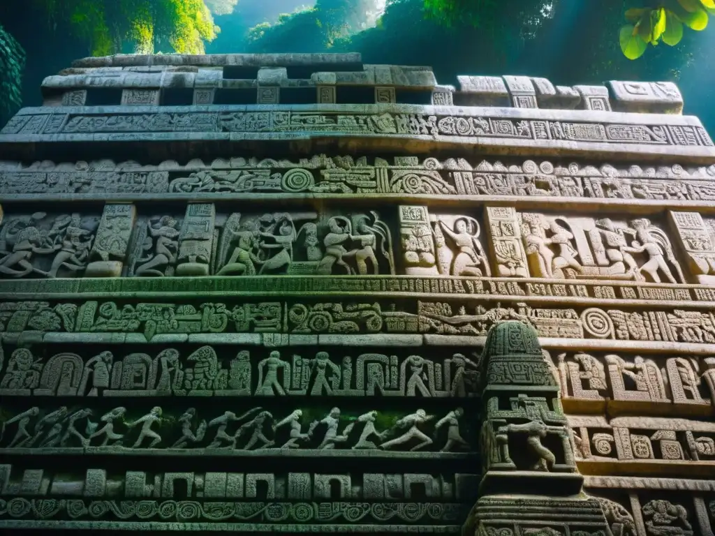 Intrincadas artesanías mayas en el Templo de las Inscripciones en Palenque, revelando su significado simbólico