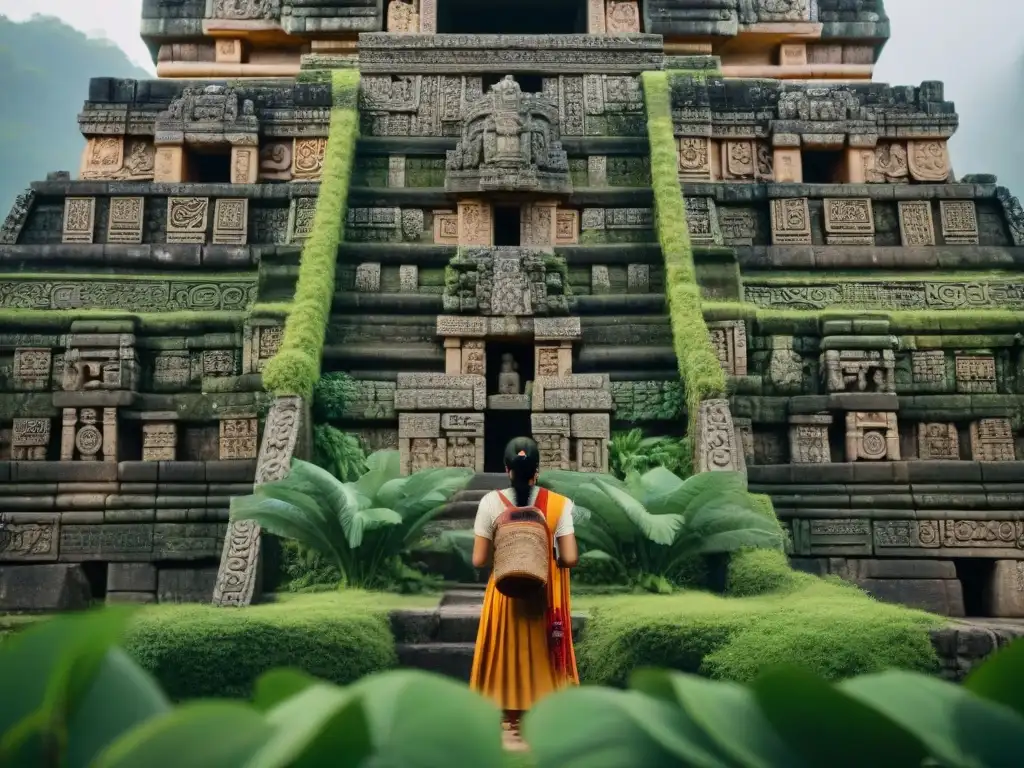 Intrincadas carvings en templo maya, resaltando la arquitectura y armonía con la naturaleza frente a desafíos climáticos