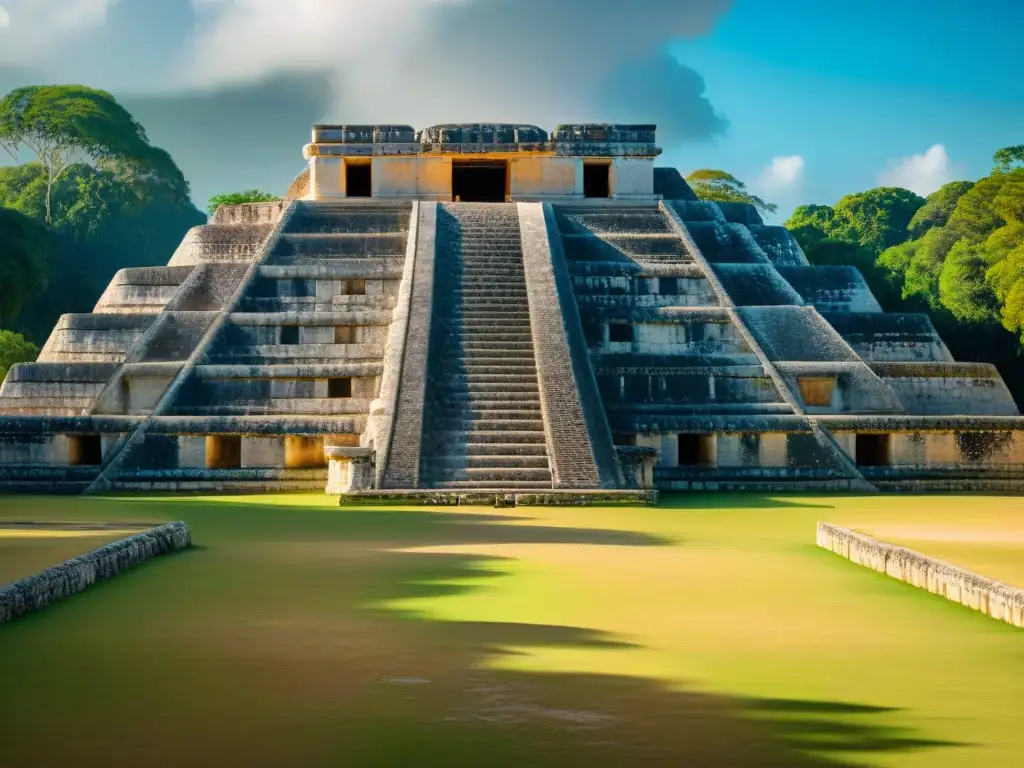 Detalle impresionante del Gran Juego de Pelota en Chichén Itzá Intrincadas construcciones mayas en la Gran Cancha de Pelota de Chichén Itzá