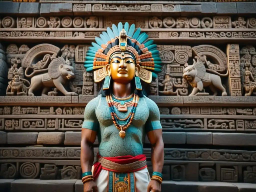 Intrincadas decoraciones en edificaciones mayas iluminadas por el cálido sol poniente