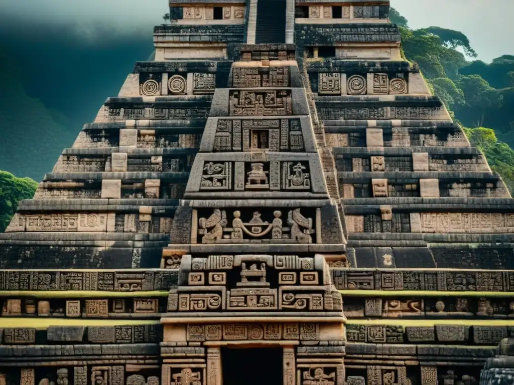 Intrincadas decoraciones en las pirámides escalonadas de la civilización maya, revelando símbolos celestiales y culturales