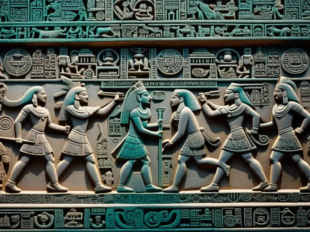 Intrincadas escenas de conflictos bélicos mayas en un templo, destacando su arquitectura y significado cultural