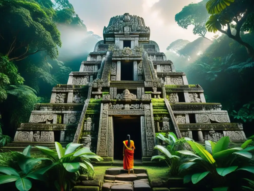Relieve maya ancestral en la jungla: Ixpiyacoc e Ixmucané Intrincadas esculturas de los Abuelos Creadores de la mitología maya, rodeados de símbolos de vida, en un templo místico en la selva exuberante