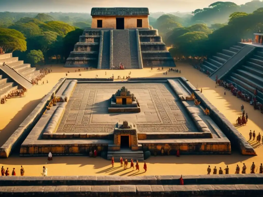 Intrincadas esculturas en la cancha de juego de pelota maya, con dignatarios de distintas ciudades mayas, bañados en luz dorada al atardecer