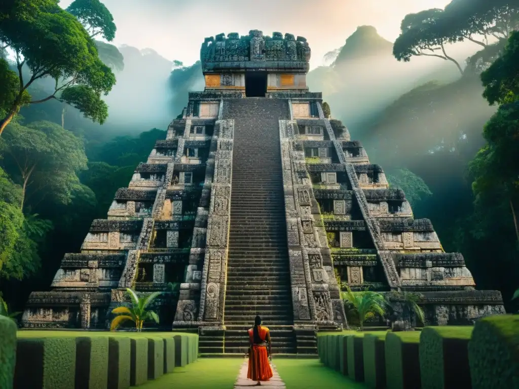 Intrincadas esculturas de dioses mayas y su universo en un templo antiguo, iluminadas por la luz del sol entre la densa selva