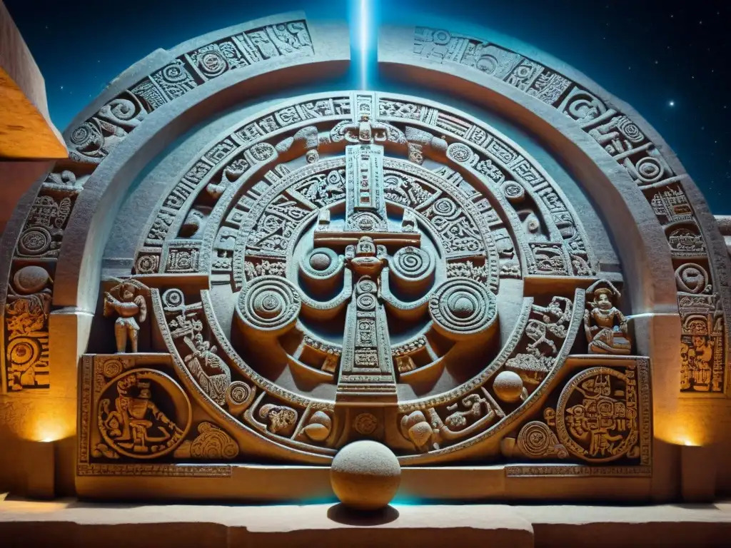 Intrincadas esculturas de dioses mayas y astronomía divina iluminadas en observatorio antiguo