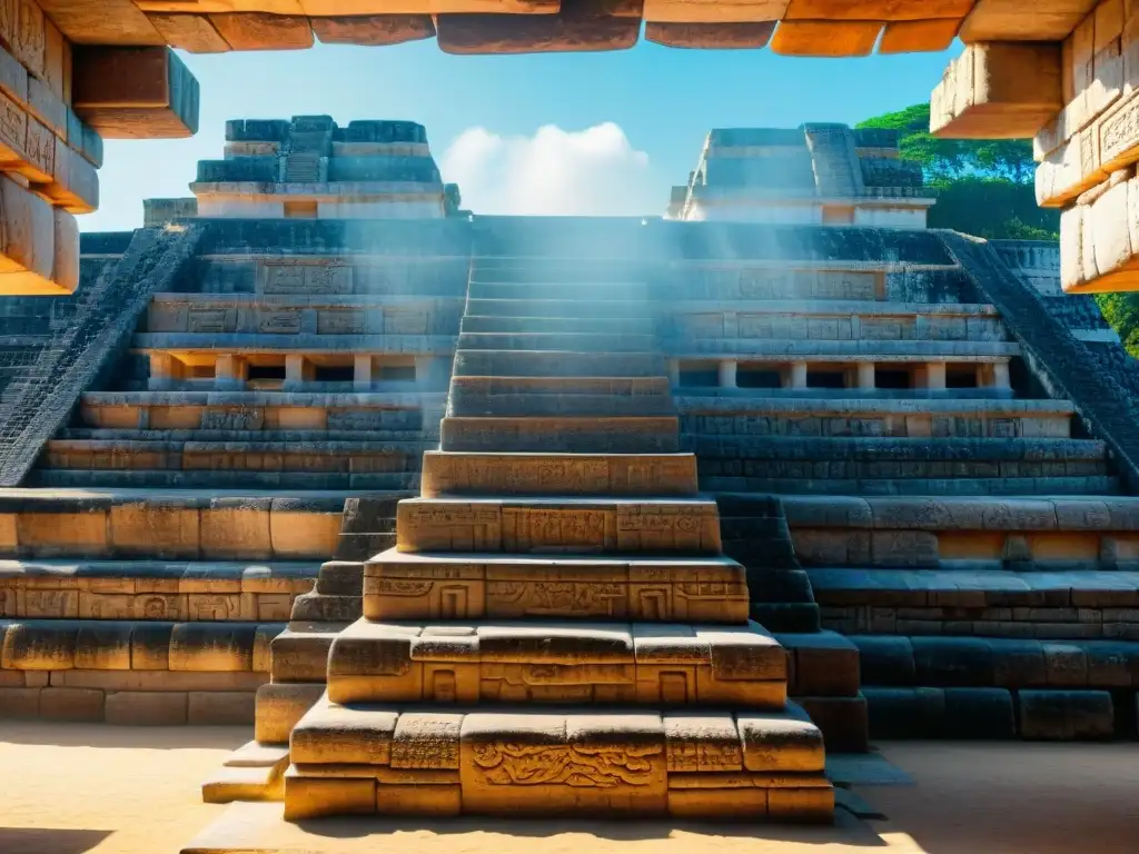 Intrincadas esculturas de piedra y diseño acústico en el Templo de Kukulcán en Chichén Itzá, destacando la acústica en templos mayas