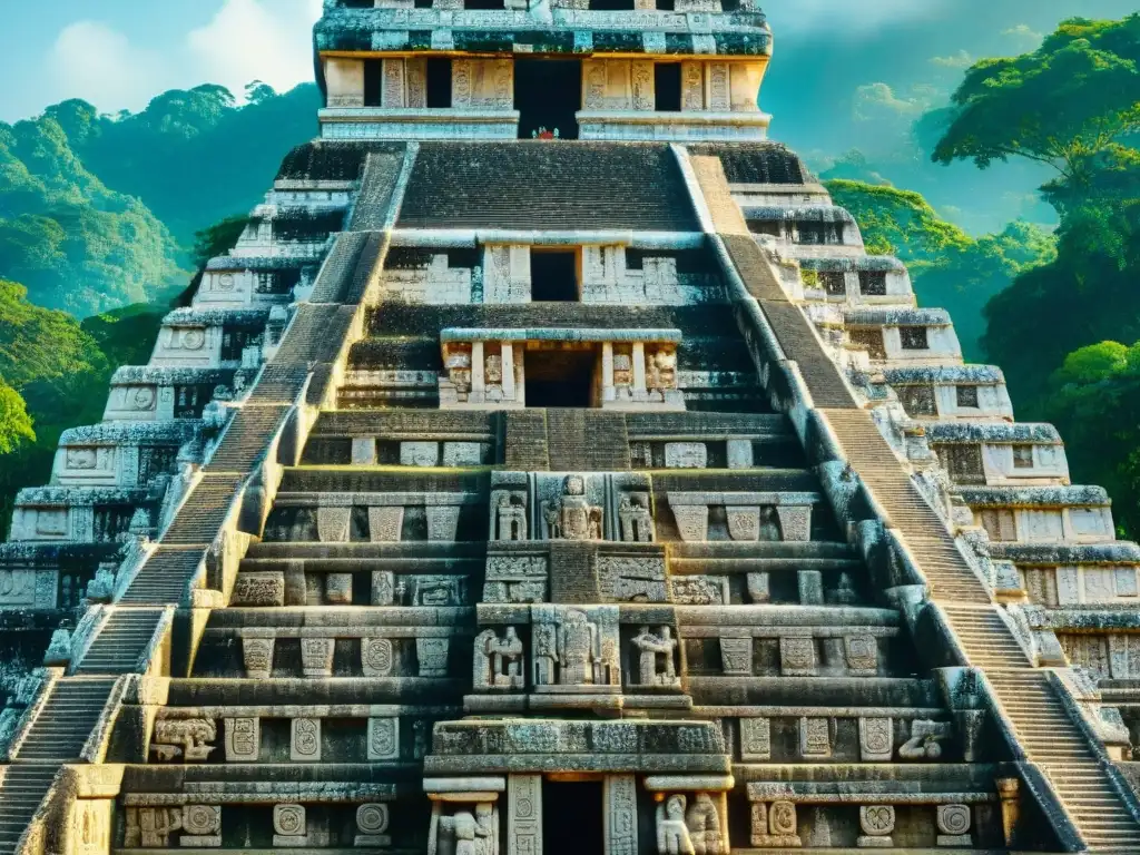 Intrincadas esculturas y glifos en el Templo de las Inscripciones de Palenque, reflejo del impacto de la caída de la civilización Maya