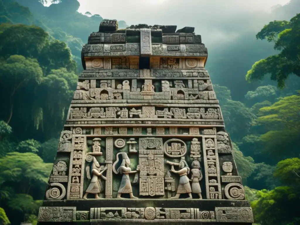 Intrincadas esculturas y jeroglíficos en estelas de Yaxchilán, reflejando su historia y cultura maya en medio de la selva