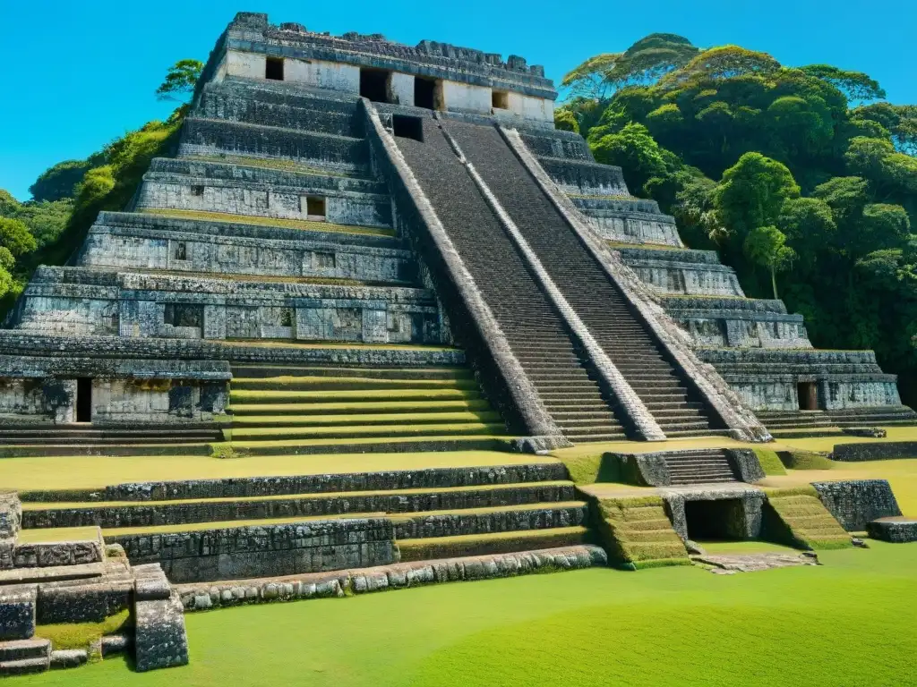 Intrincadas esculturas y jeroglíficos mayas en ruinas de Xunantunich, con exuberante vegetación y cielo azul