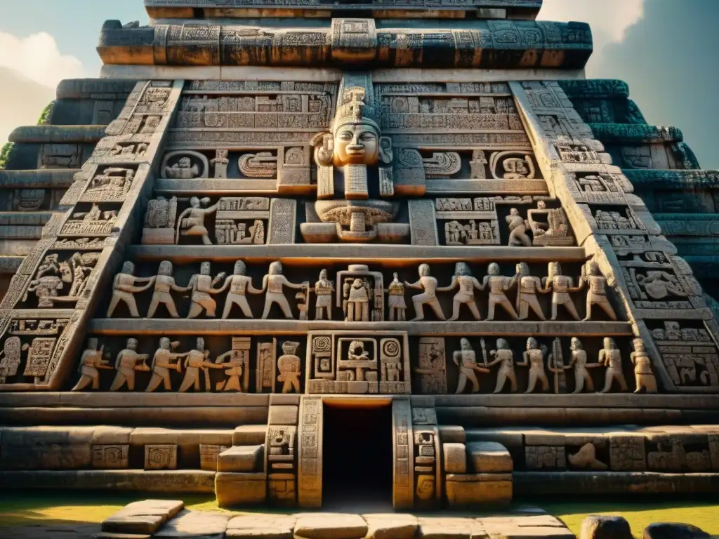 Intrincadas esculturas y jeroglíficos en monumento maya, reflejando historias de creación y destrucción