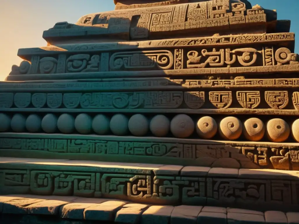 Intrincadas esculturas y jeroglíficos en Zaculeu periodo posclásico Maya, iluminados por el sol al atardecer, evocando misterio y maravilla