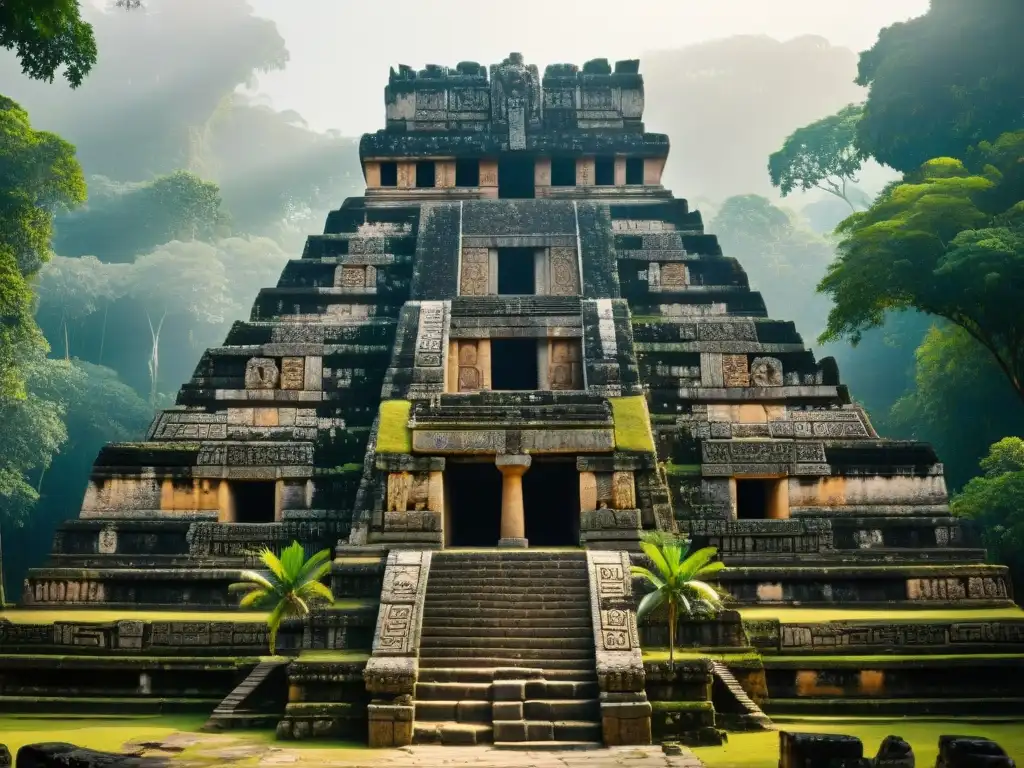 Intrincadas esculturas y jeroglíficos en el Templo de las Máscaras de la antigua ciudad maya de Becán, con luz filtrándose entre la densa selva