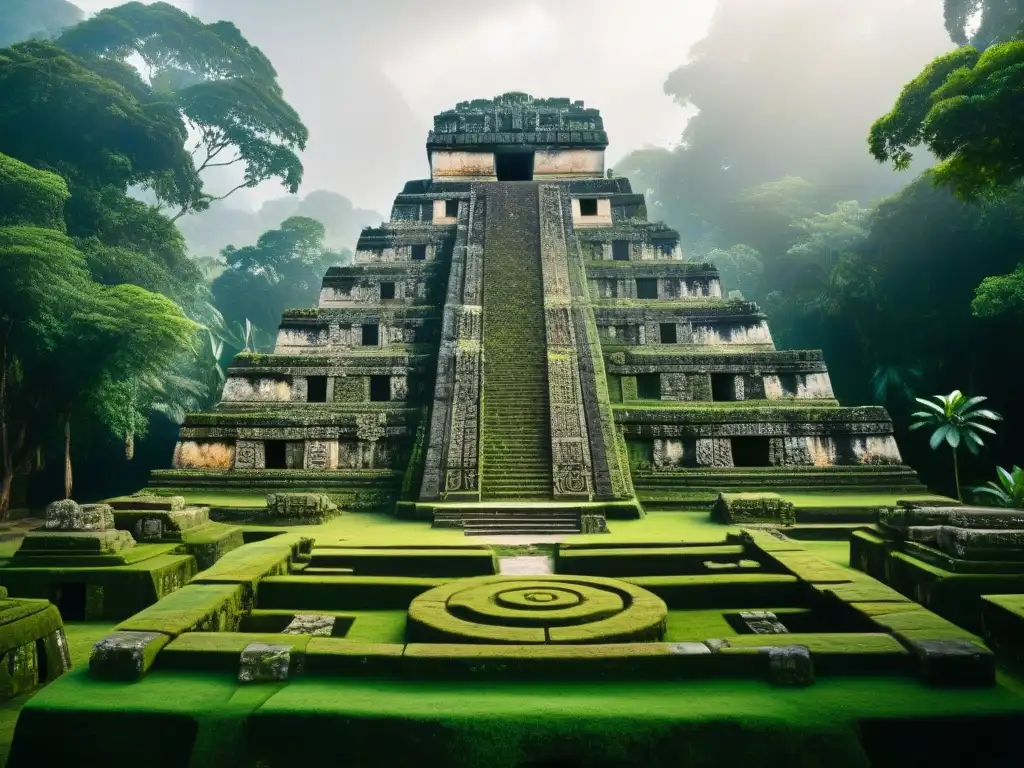 Intrincadas esculturas mayas en piedra antigua con flora exuberante