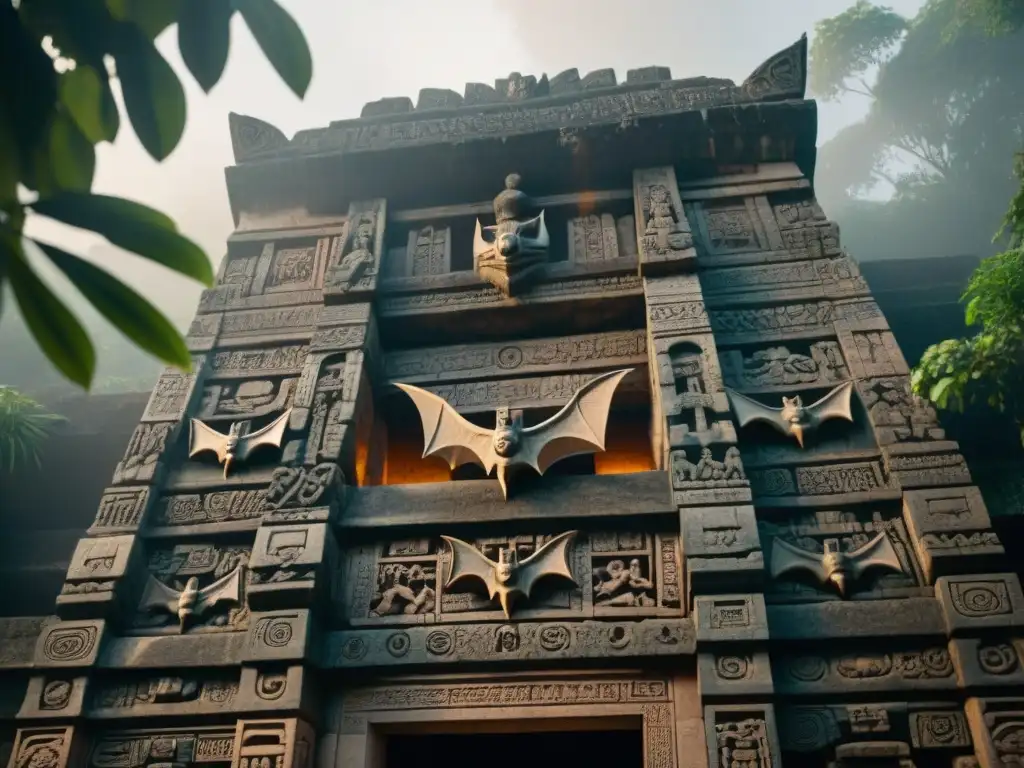 Intrincadas esculturas de murciélagos en el Templo del Murciélago en El Zotz, iluminadas por el sol en la selva