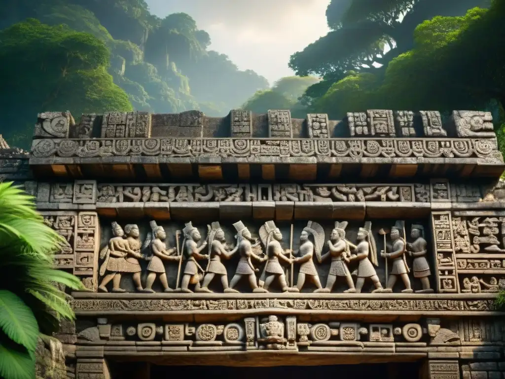 Intrincadas esculturas de piedra en Yaxchilán iluminadas por la luz del sol en la selva