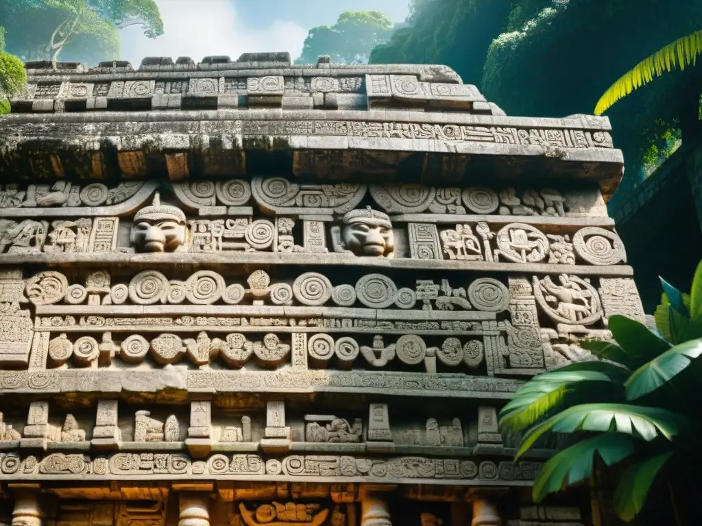 Intrincadas esculturas de piedra y jeroglíficos en el templo maya de Palenque, resistiendo al paso del tiempo