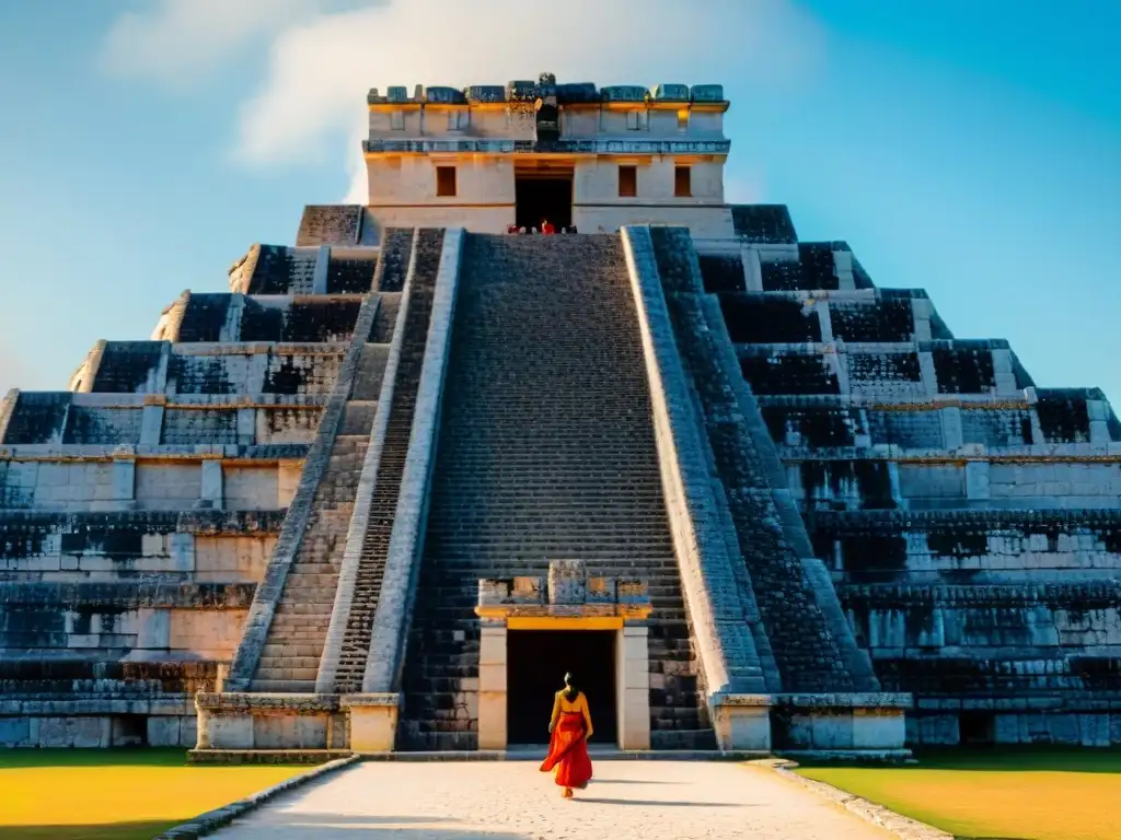 Intrincadas esculturas de piedra en el Templo de Kukulkán en Chichén Itzá durante el equinoccio, resaltando el patrimonio maya y la protección legal