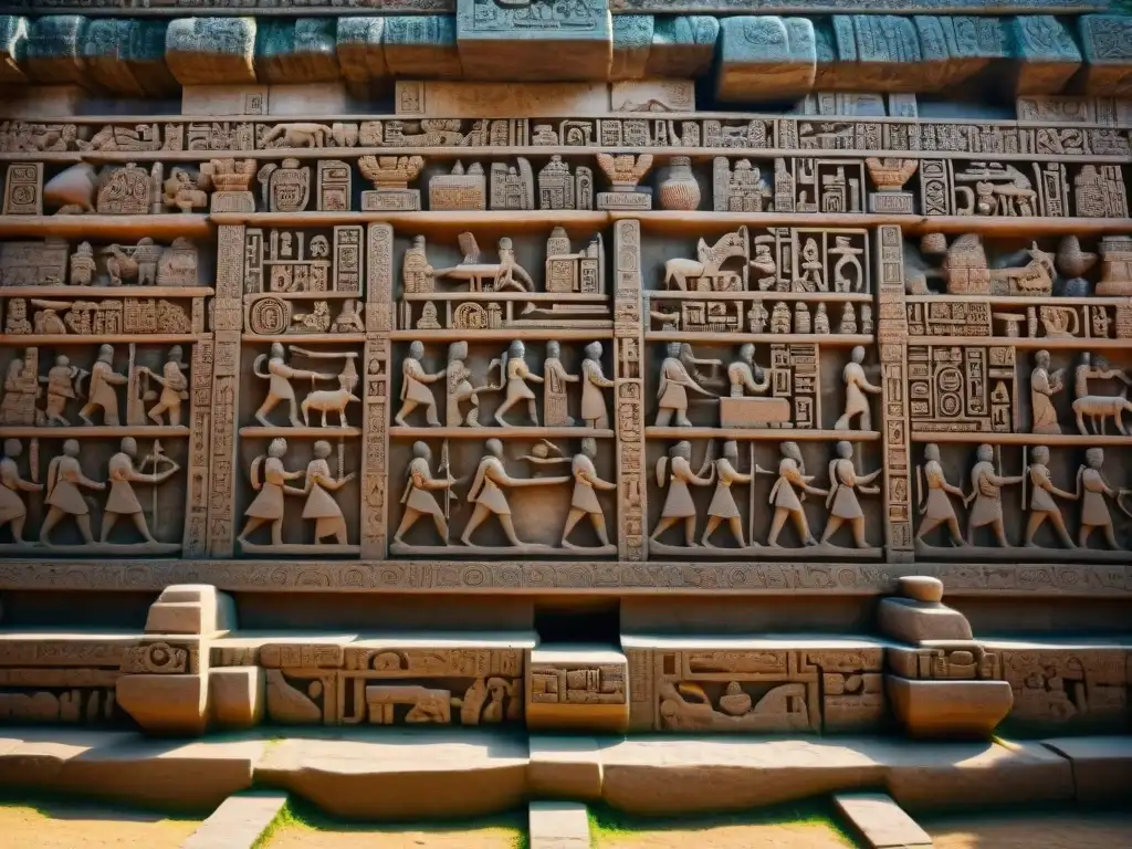Detalles asombrosos: tallados mayas en templo excavado Intrincadas esculturas en piedra de un templo maya parcialmente excavado, iluminadas por el sol, revelan la desaparición o transformación de los mayas