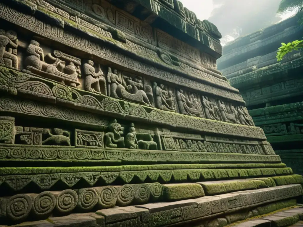 Intrincadas esculturas de piedra en el Templo de las Inscripciones en Palenque, México, simbolizando la dualidad vida-muerte de la mitología maya