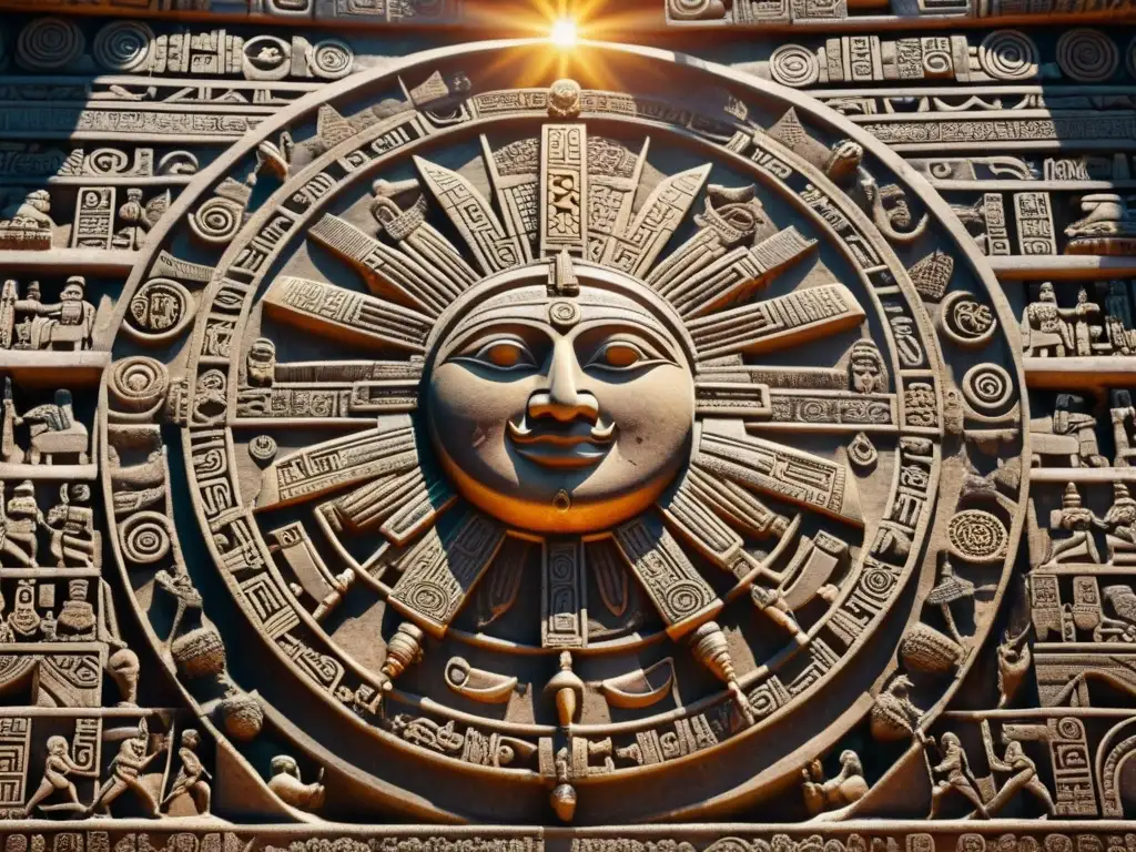 Intrincadas esculturas de piedra en un templo maya iluminadas por el sol, mostrando el significado del Sol y la Luna en la Mitología Maya