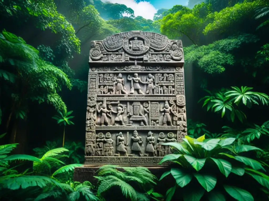 Intrincadas carvings de estela maya entre follaje, con símbolos antiguos iluminados por la luz del sol