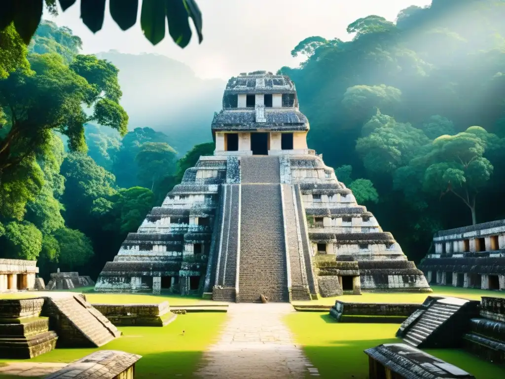 Intrincadas estructuras del Templo de las Inscripciones en Palenque, con jeroglíficos detallados y exuberante vegetación